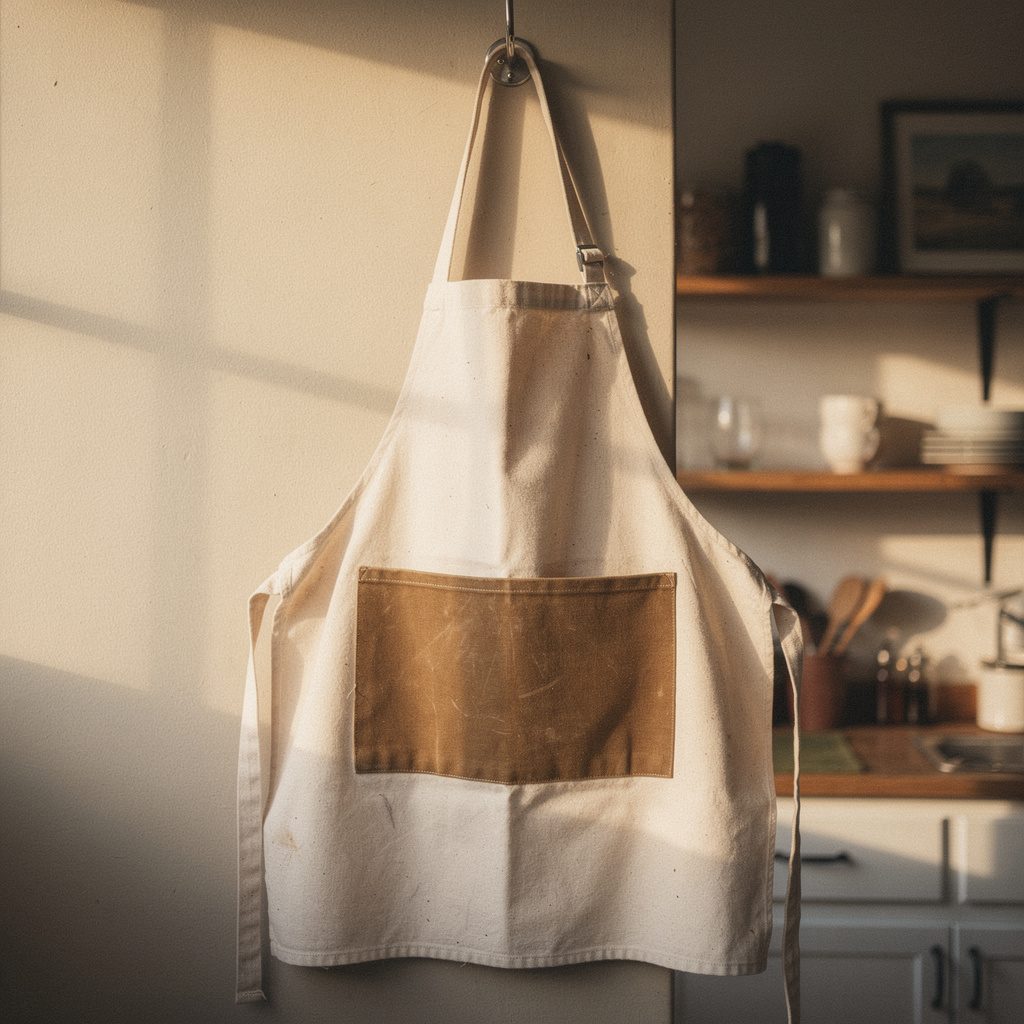 Cotton kitchen apron with a waxed canvas front pocket hanging on a hook