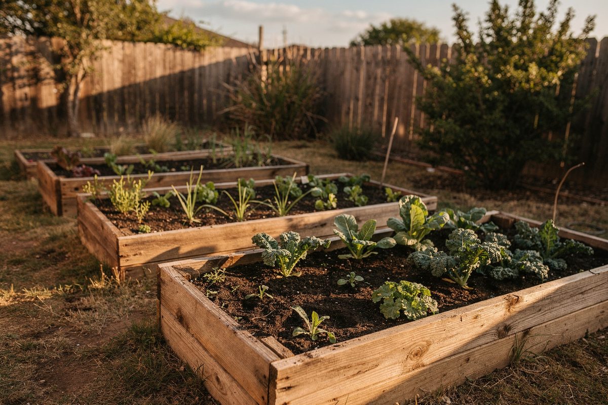Row of raised vegetable beds in a backyard garden